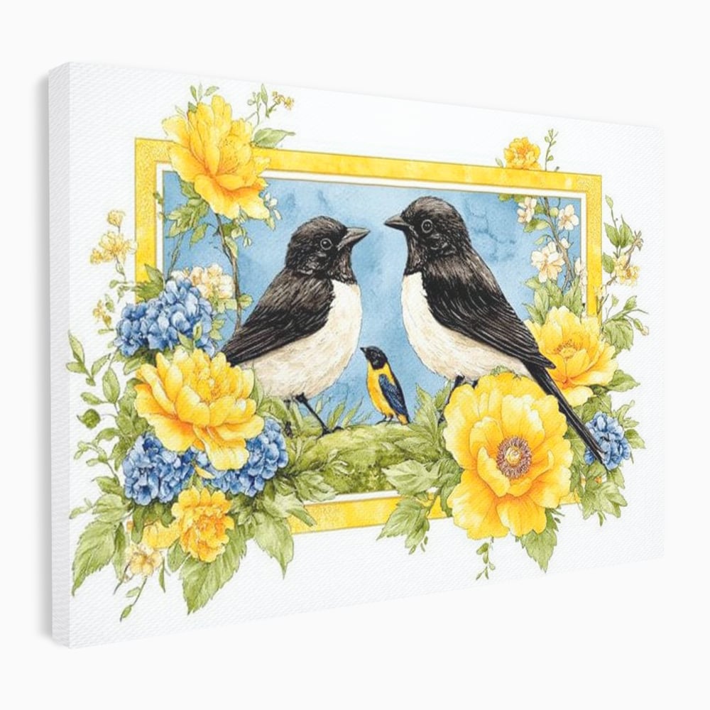 Tablou canvas cu tablou canvas cu pasari si flori, fara rama, pe sasiu de lemn